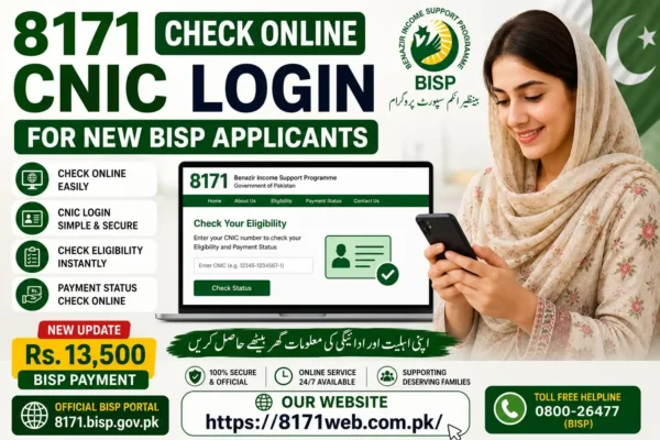 8171 Check Online CNIC Login for New BISP Applicants featured image showing BISP portal, CNIC eligibility check, and Rs. 13,500 payment update