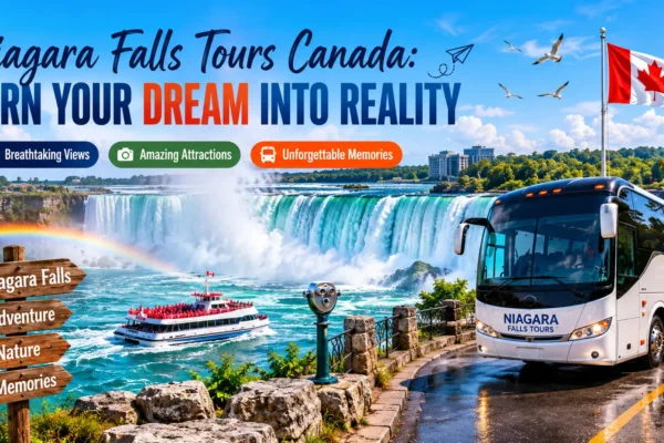 Niagara Falls Tours Canada travel bus near breathtaking waterfalls with scenic views and unforgettable travel experience in Canada.