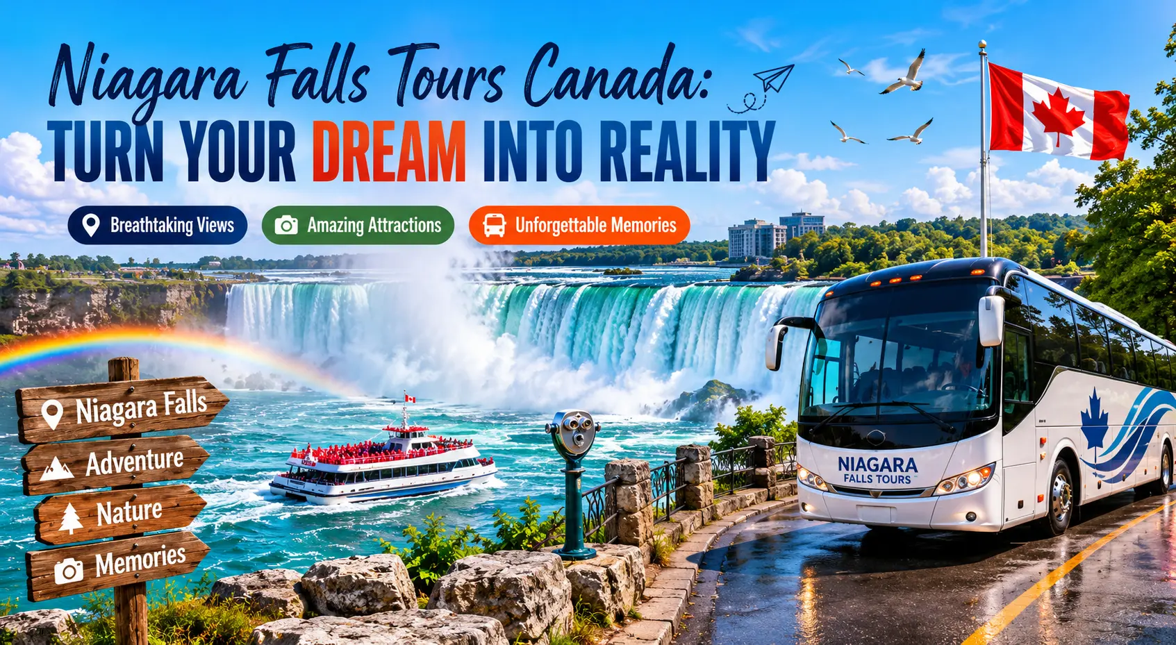 Niagara Falls Tours Canada travel bus near breathtaking waterfalls with scenic views and unforgettable travel experience in Canada.