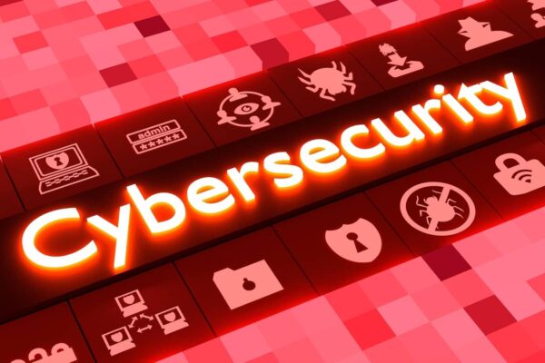 Glowing 'Cybersecurity' text in neon orange on a red digital grid background, surrounded by security icons including locks, shields, bugs, and admin password symbols