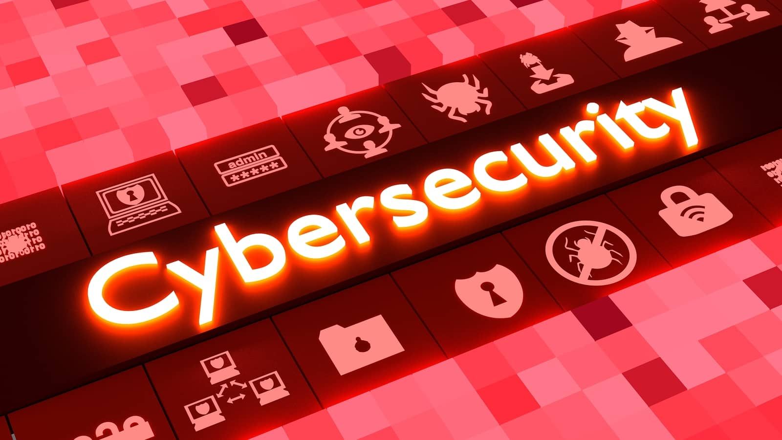 Glowing 'Cybersecurity' text in neon orange on a red digital grid background, surrounded by security icons including locks, shields, bugs, and admin password symbols