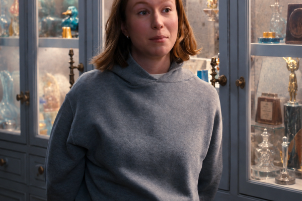 Hannah Einbinder wearing a grey hoodie in Hacks Season 5 scene