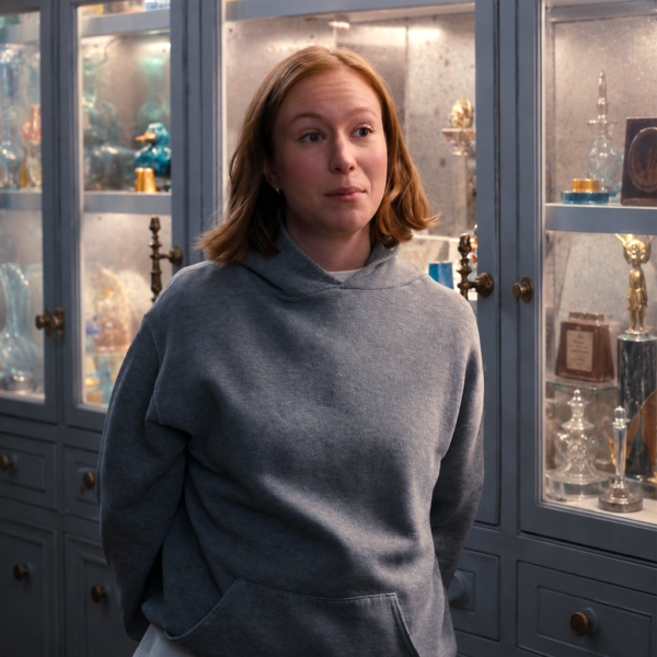 Hannah Einbinder wearing a grey hoodie in Hacks Season 5 scene