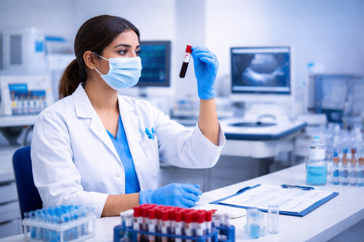 Female lab technician in a medical laboratory analyzing a blood sample test tube while wearing gloves and a face mask.