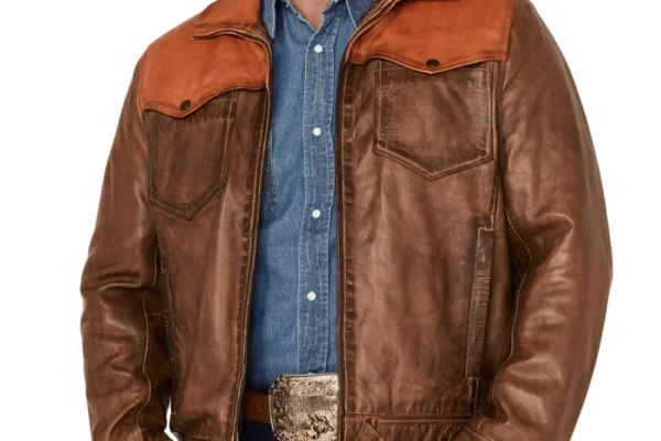Men’s cognac brown vintage leather trucker jacket with classic shirt collar style