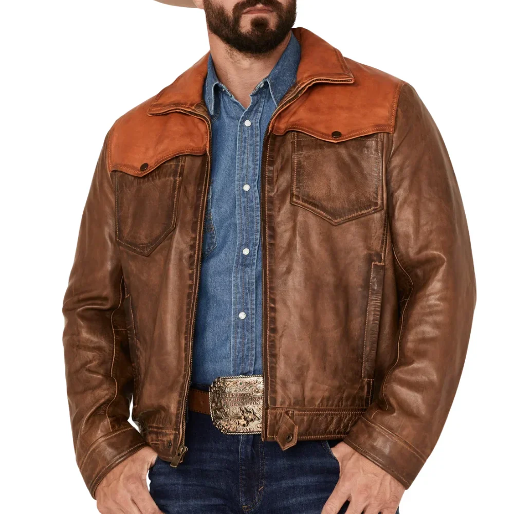 Men’s cognac brown vintage leather trucker jacket with classic shirt collar style