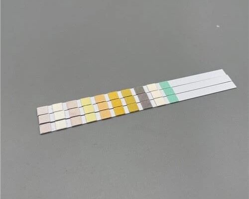 Mineral water test strips with multiple colored reagent pads arranged on a gray background