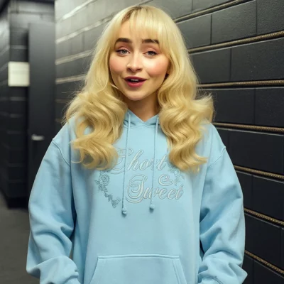 Sabrina Carpenter Short n Sweet blue pullover hoodie celebrity inspired casual fleece outfit