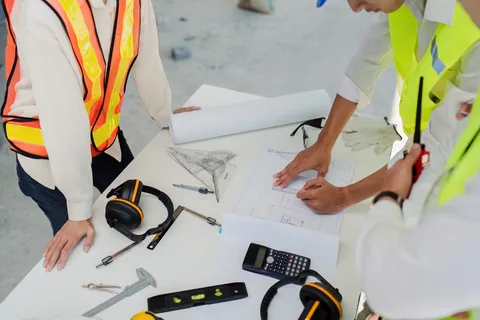 Architecture firm employees working at desks in a modern office, with blueprints, building plans, rolled drawings, laptops, and scale models of buildings visible. Some team members are reviewing a large architectural drawing together, while others use design software on computer screens.