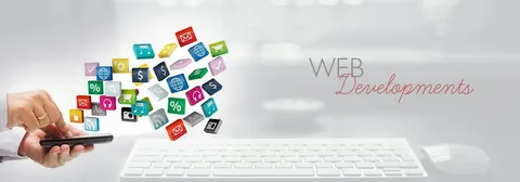 A graphic showing the text ‘Web Development’ representing website creation and coding services.