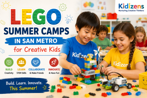 Children building creative LEGO projects at LEGO summer camps in san metro by Kidizens