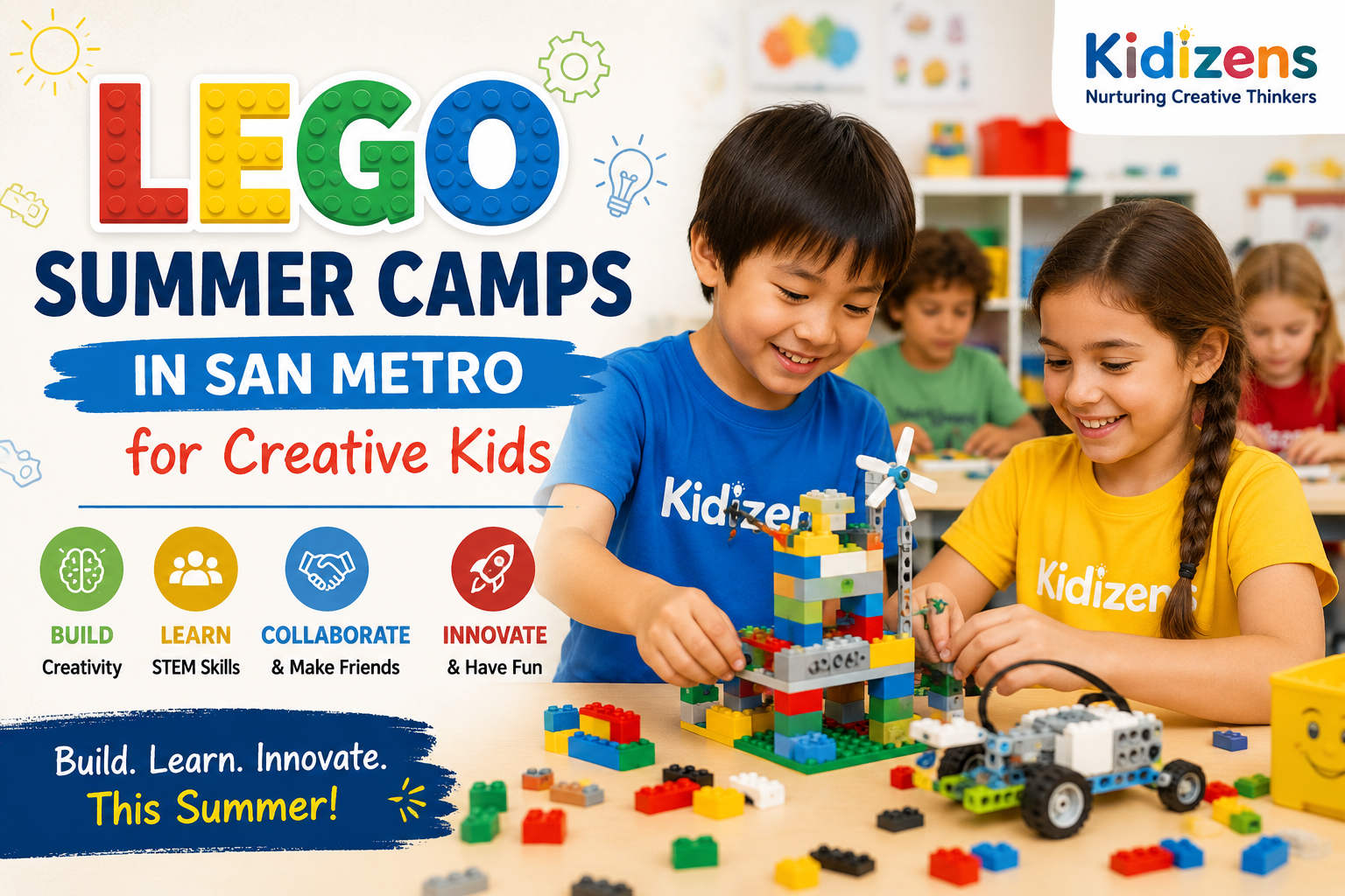 Children building creative LEGO projects at LEGO summer camps in san metro by Kidizens