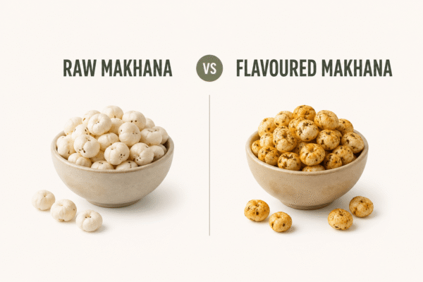 Raw makhana and flavoured makhana displayed side by side in bowls, highlighting differences in texture, seasoning, and healthy snacking choices.