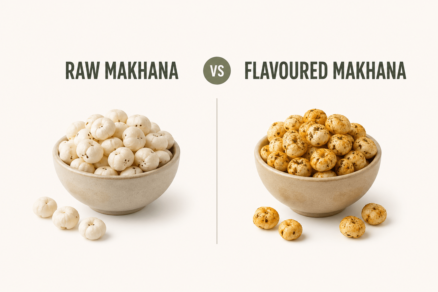 Raw makhana and flavoured makhana displayed side by side in bowls, highlighting differences in texture, seasoning, and healthy snacking choices.