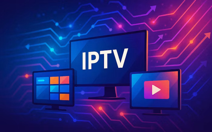 IPTV Australia streaming service on a smart TV showing live channels, sports, movies, and on-demand content with high-quality viewing in 2026.
