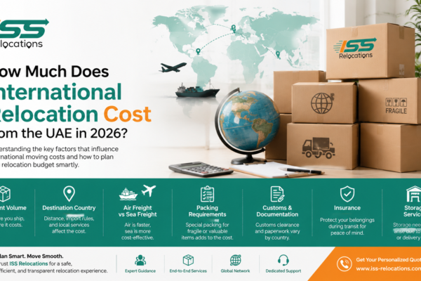 ISS Relocations international relocation cost guide from UAE 2026 showing moving costs, air freight, sea freight, customs clearance, packing, insurance, and storage services for overseas relocation.