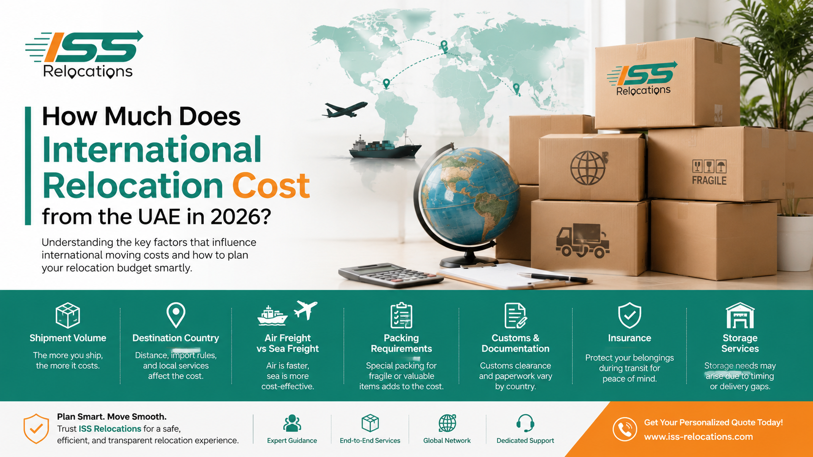 ISS Relocations international relocation cost guide from UAE 2026 showing moving costs, air freight, sea freight, customs clearance, packing, insurance, and storage services for overseas relocation.