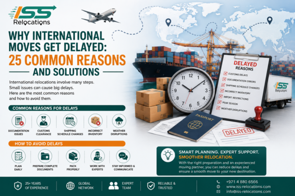 ISS Relocations infographic explaining why international moves get delayed, highlighting 25 common relocation delays and practical solutions including customs clearance, documentation, shipping schedules, inventory management, and relocation planning.