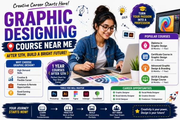 A student exploring graphic design courses after 12th on a laptop with design tools and sketchbook on the desk