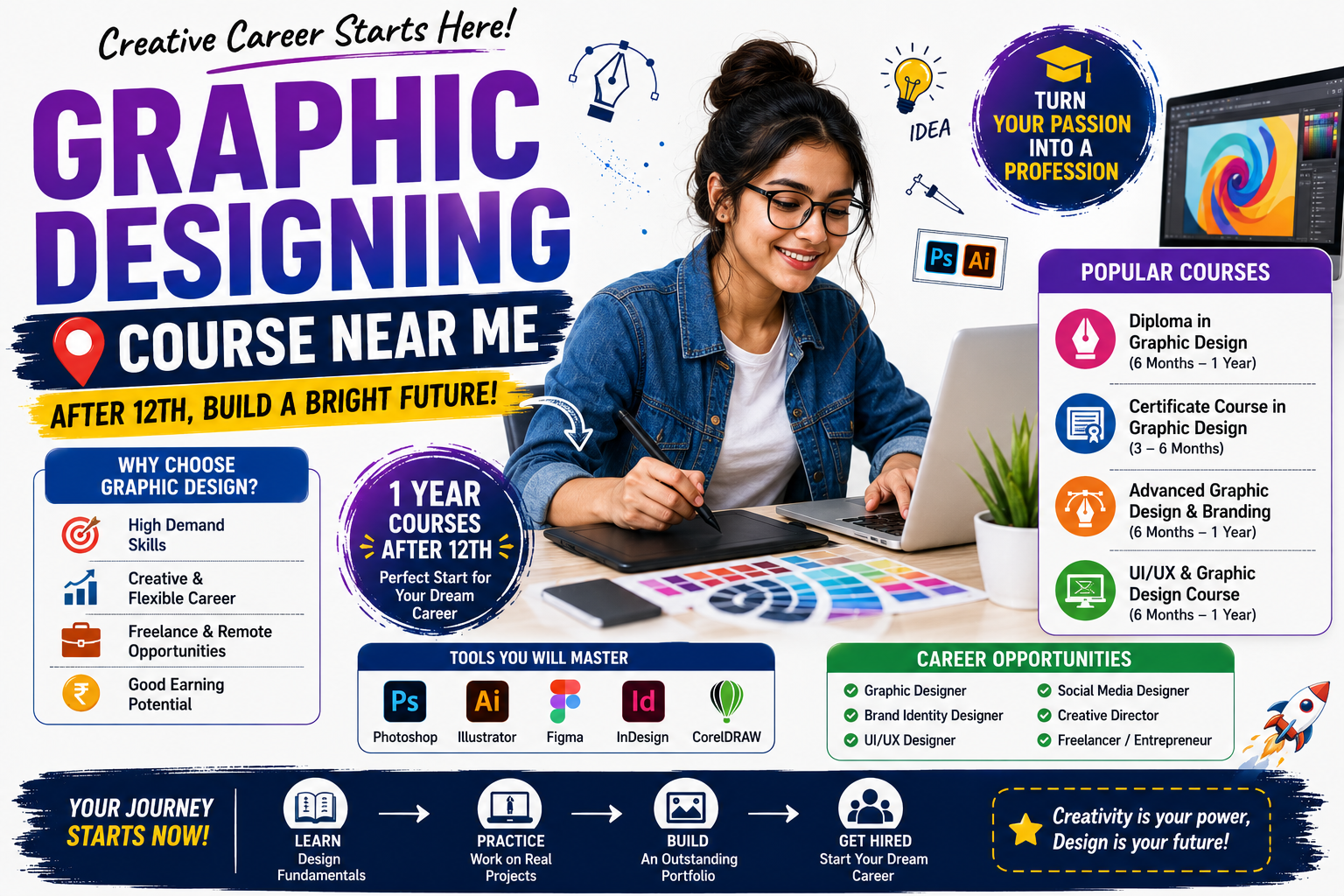 A student exploring graphic design courses after 12th on a laptop with design tools and sketchbook on the desk