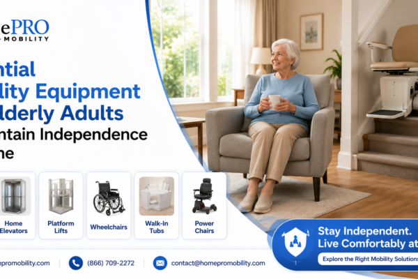 HomePro Mobility infographic showing essential mobility equipment for elderly adults including stairlifts, home elevators, platform lifts, wheelchairs, walk-in tubs, and power chairs to maintain independence at home.