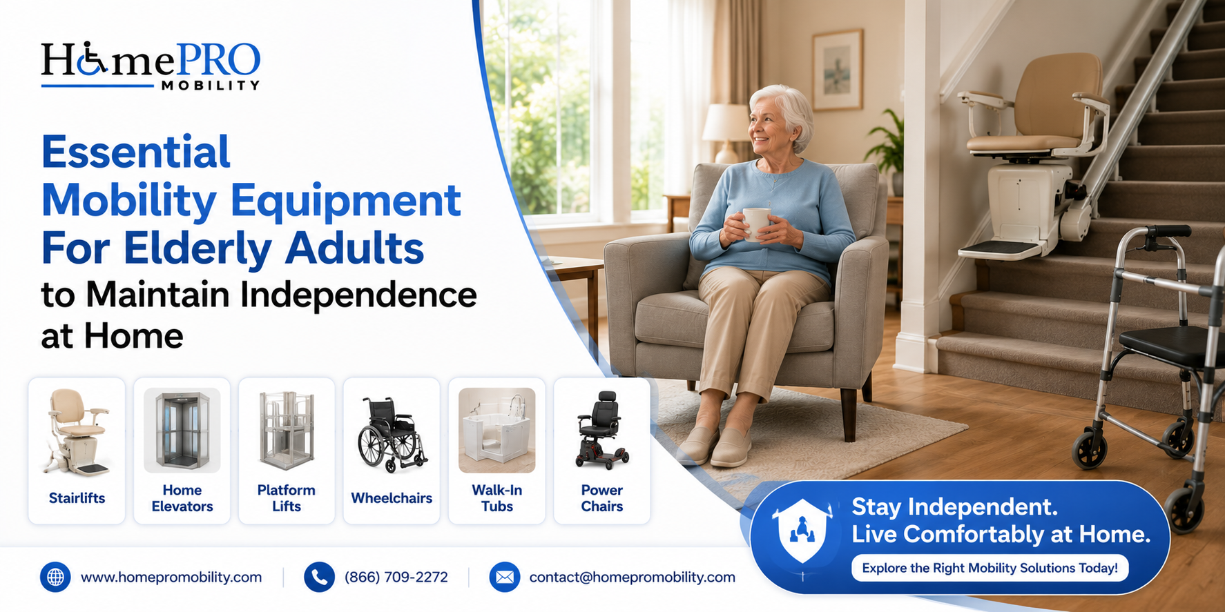 HomePro Mobility infographic showing essential mobility equipment for elderly adults including stairlifts, home elevators, platform lifts, wheelchairs, walk-in tubs, and power chairs to maintain independence at home.