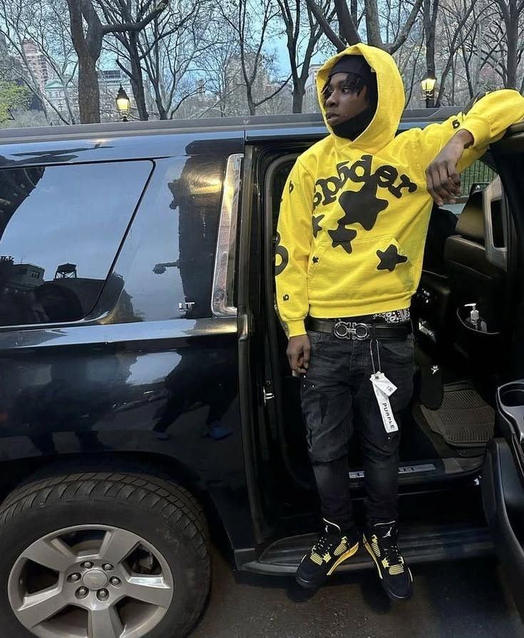 Sp5der Yellow Graphic Hoodie Streetwear Fashion Outfit