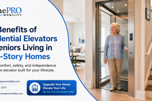 Senior woman stepping out of a residential home elevator in a multi-story house, highlighting improved accessibility, safety, and independent living for older adults.