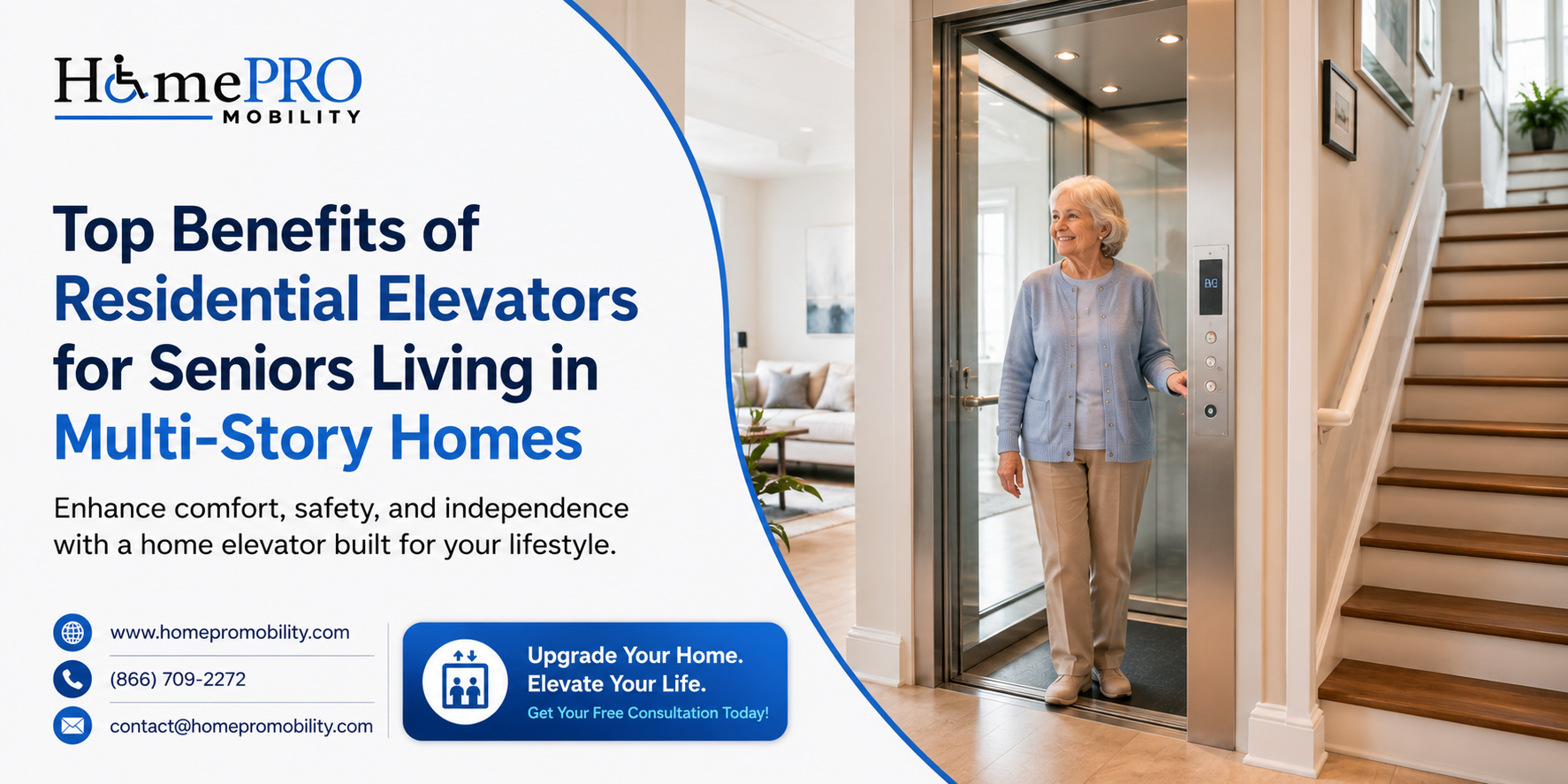 Senior woman stepping out of a residential home elevator in a multi-story house, highlighting improved accessibility, safety, and independent living for older adults.