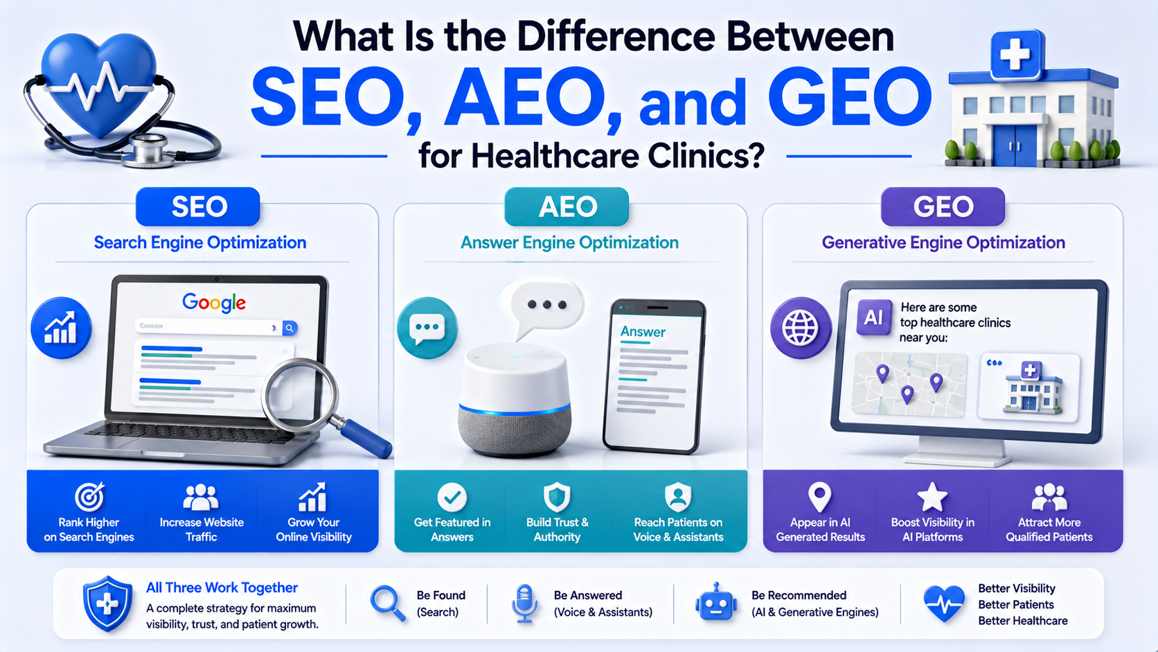 What Is the Difference Between SEO, AEO, and GEO for Healthcare Clinics