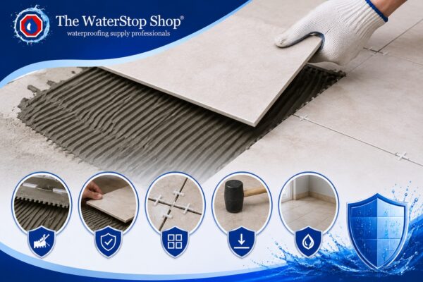 Tile adhesive application with professional installation tools, ensuring strong bond and long-lasting tile performance
