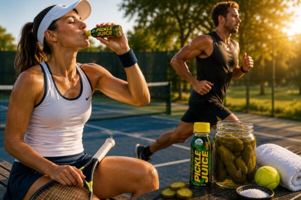 Tennis player drinking Pickle Juice during endurance training while a runner exercises in the background