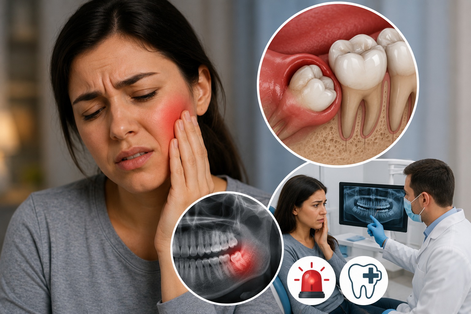 Woman with swollen, painful wisdom tooth consulting a dentist, with dental X-ray and impacted tooth illustration