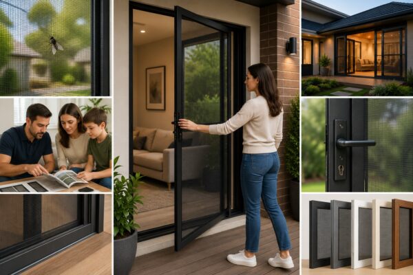 Modern fly screen door with family comparing options, mesh details, and Melbourne home entrance
