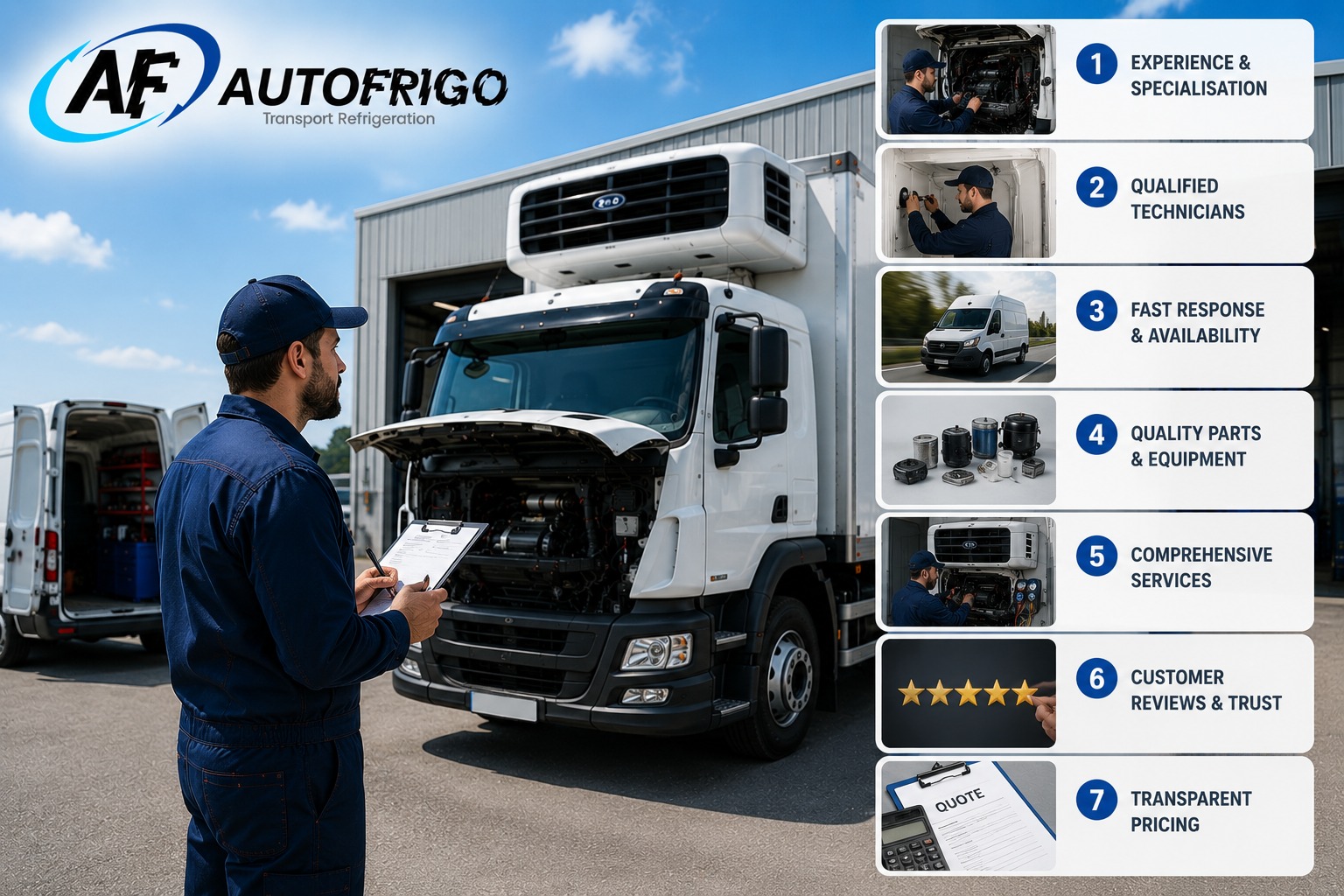 Technician inspecting refrigerated truck engine with checklist, AutoFrigo transport refrigeration service features listed on side