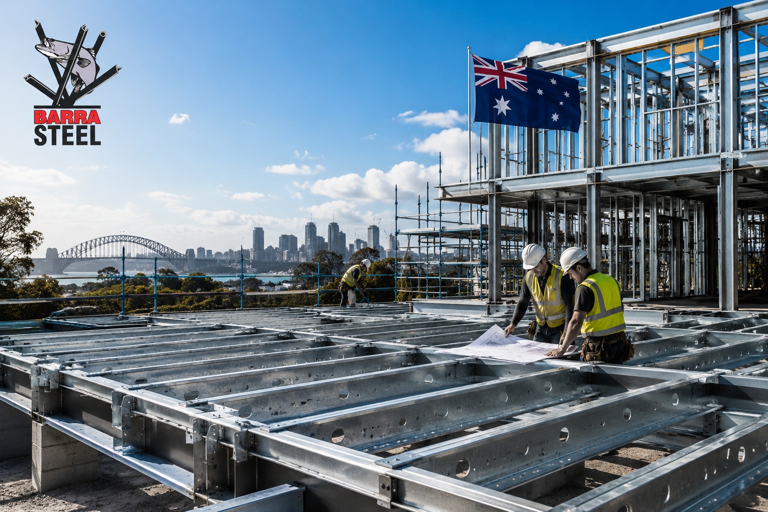 Australian builders installing steel floor joists on a commercial construction site with Barra Steel logo and city skyline backdrop
