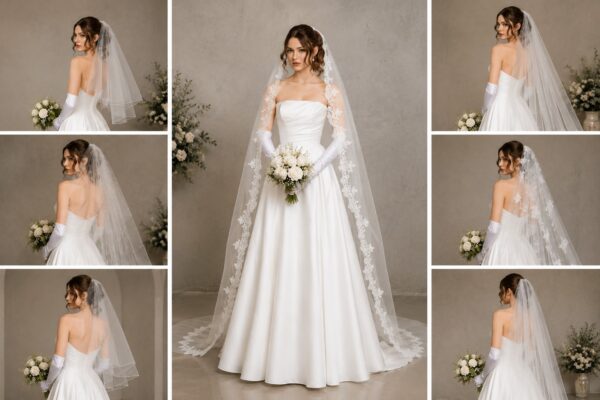 Bride in a satin wedding dress comparing elegant veil styles to match her bridal look and wedding gown
