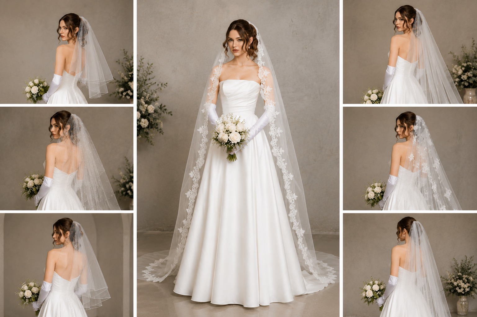 Bride in a satin wedding dress comparing elegant veil styles to match her bridal look and wedding gown