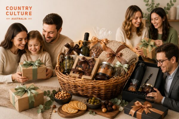 Family, friends and colleagues exchanging premium gift hampers filled with gourmet treats and thoughtful gifts