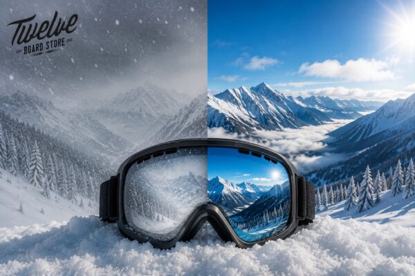 Snow goggles showing storm and sunny mountain conditions, with Twelve Board Store logo in top left