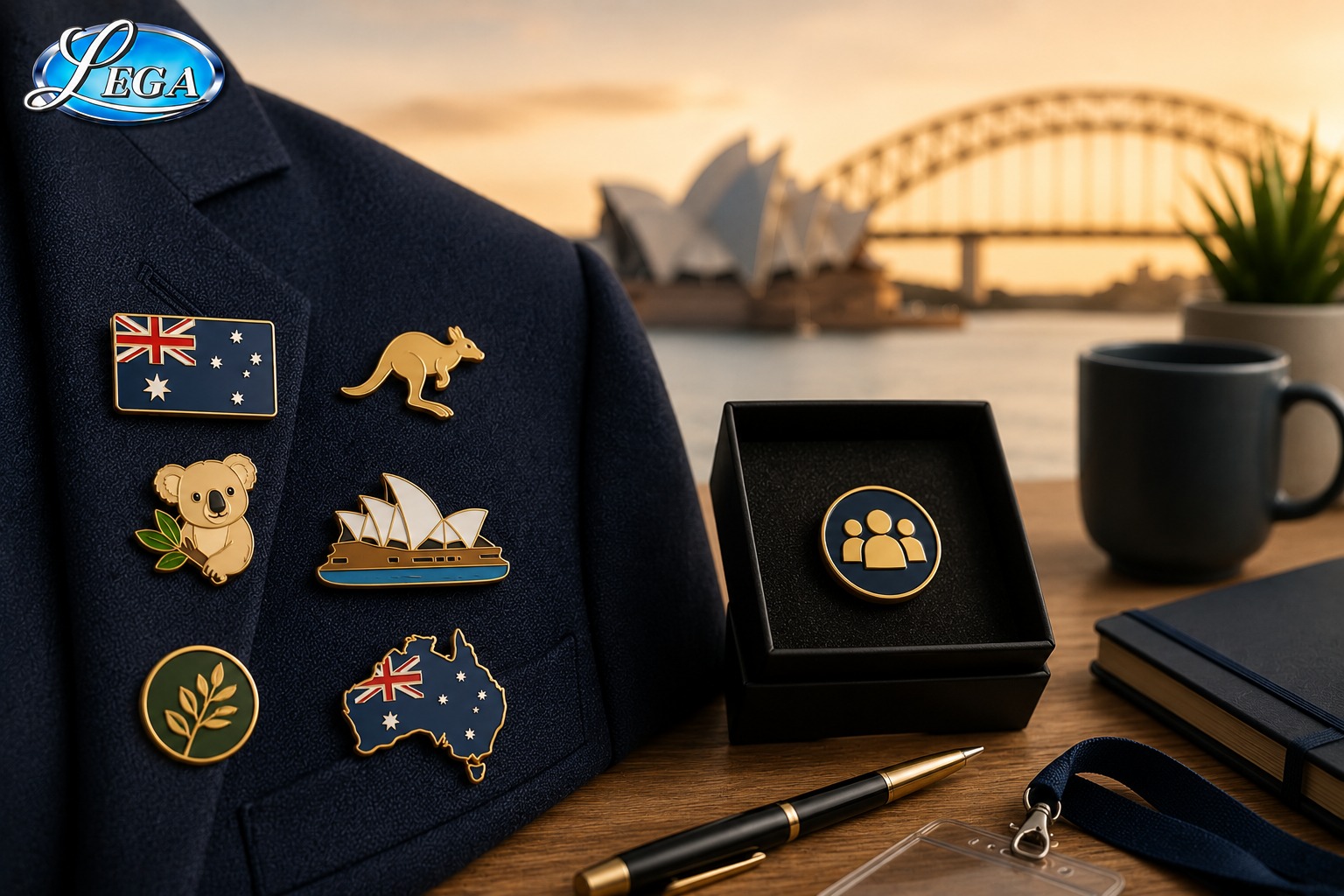 Australian-themed lapel pins on a blazer with Sydney Harbour backdrop and LEGA promotional display