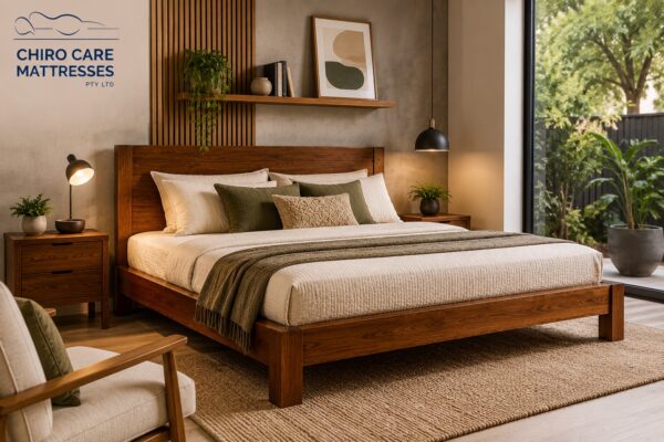 Modern wooden bed frame in stylish Melbourne bedroom with Chiro Care Mattresses branding and natural decor