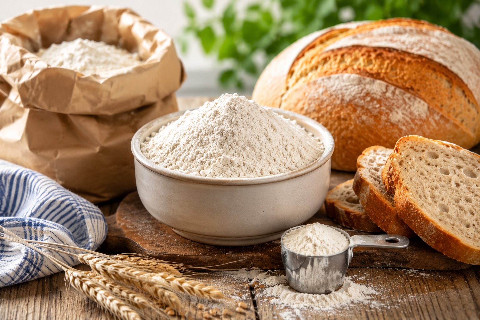 Fresh bread flour in a rustic kitchen with artisan bread, wheat stalks, and baking ingredients on a wooden table