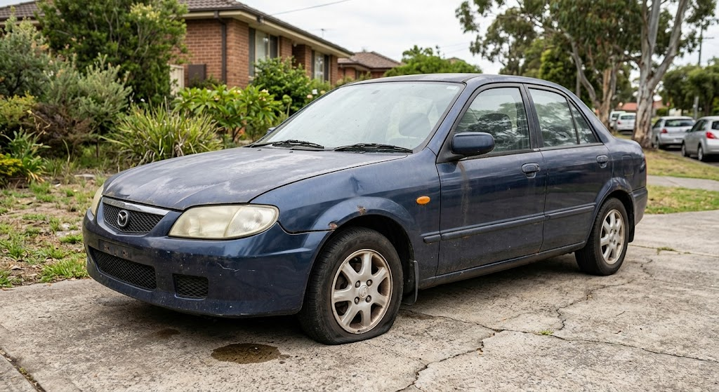 A damaged, unwanted junk car with rust spots and a flat tire sitting unused on a residential driveway.