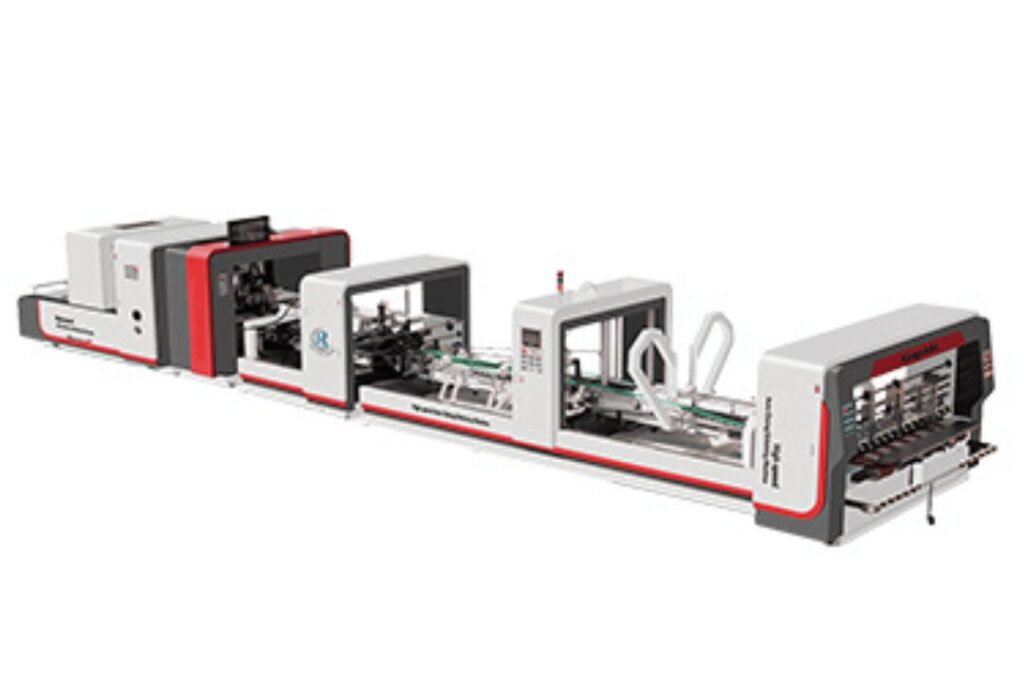 Folder gluer machine operating in a high-speed packaging production line converting flat cartons into finished boxes