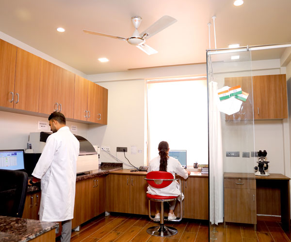 Pathology laboratory at Health Quest Imaging & Diagnostics with trained lab professionals performing diagnostic testing using advanced laboratory equipment in a modern workspace.