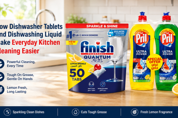 Hyperrealistic banner showing Finish Quantum dishwasher tablets and Pril Ultra Power dishwashing liquid for easier everyday kitchen cleaning with sparkling dishes and grease removal.