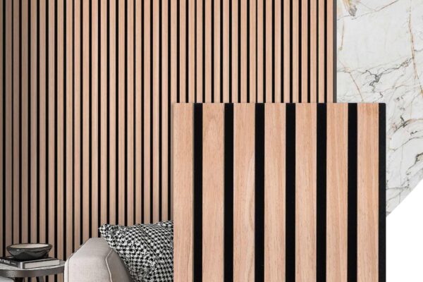 Sound dampening wood wall panels installed in a modern interior to reduce noise and enhance acoustic comfort. Caption:
